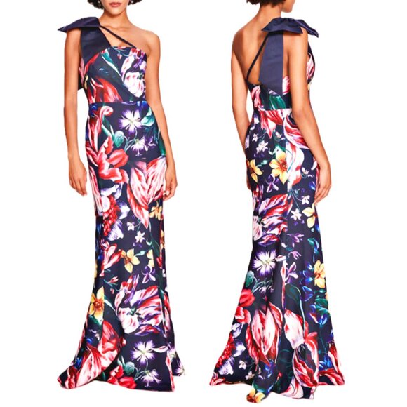 Marchesa Notte Florilegium One Bow Shoulder Floral Mikado Satin Gown sz 4 $895 - Picture 3 of 16